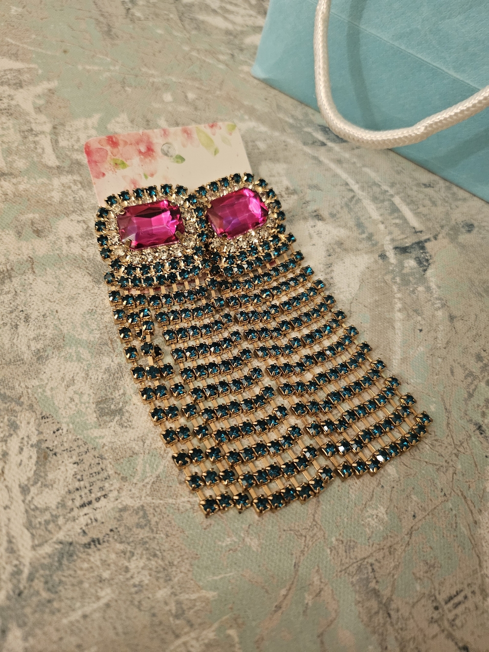 Statement Pink & Teal Bold Elegance  Long Swaying Crystal Fringe Earrings